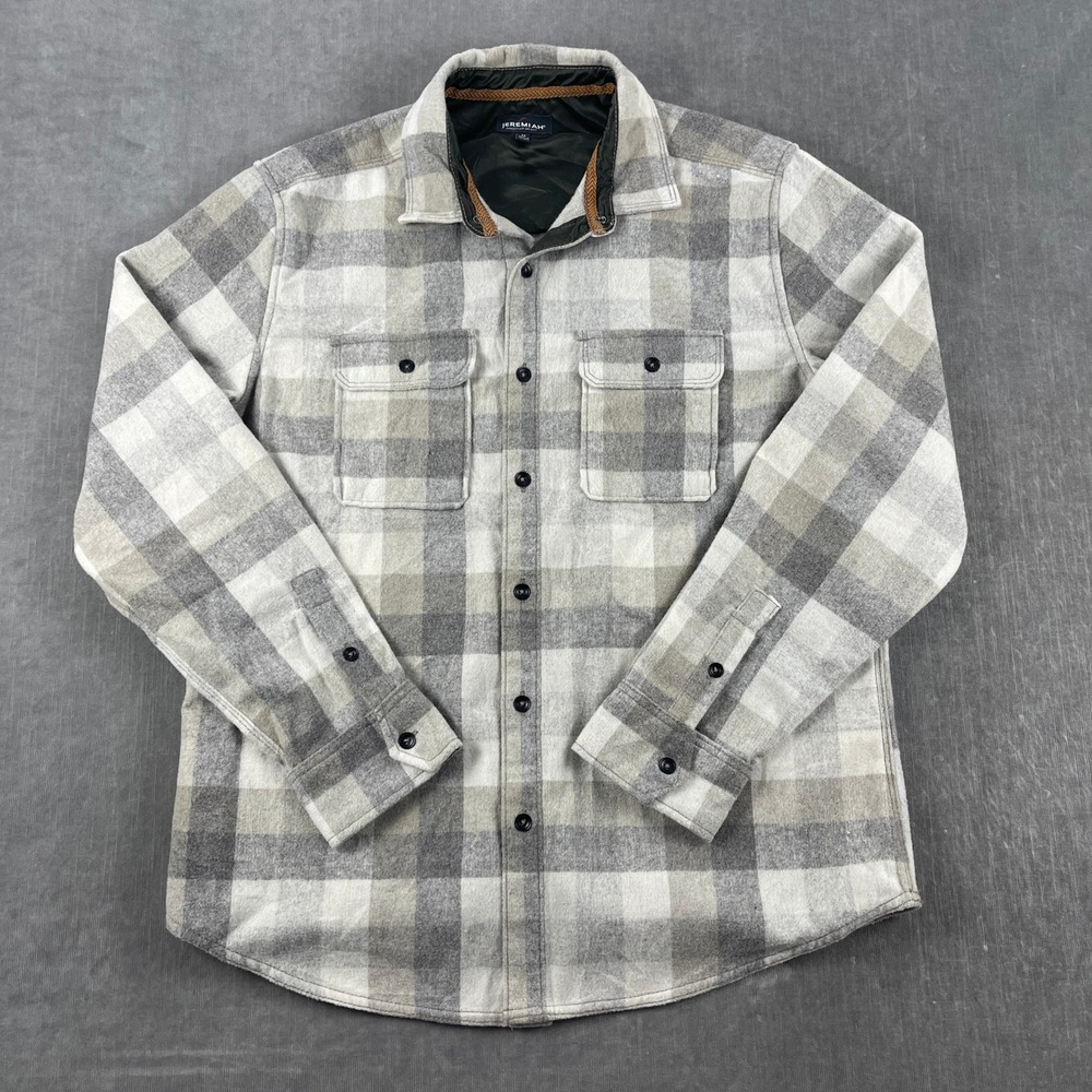 Jeremiah Mens M Gray Plaid Wool Blend Quilted Lined Flannel Shirt Jacket Shacket